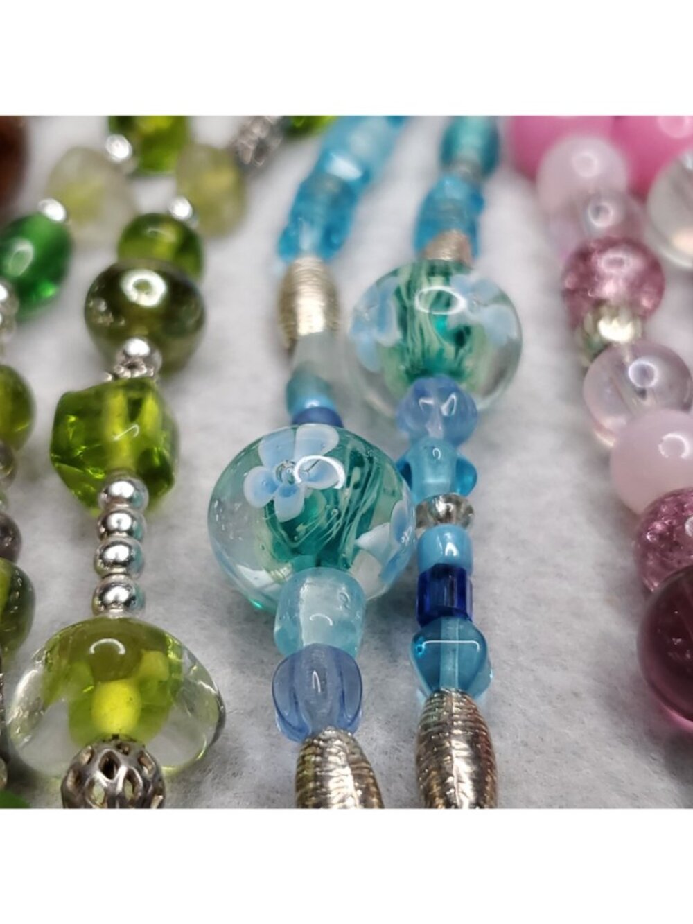 Beaded Lanyard Necklace Badge ID Holder Pink Blue Green Brown Glass Lot Of 4 - Picture 5 of 9